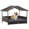 Elevated Wicker Dog Bed with Canopy - PE Rattan Outdoor Pet House with Cushion, Holds 110 Lbs, Gray