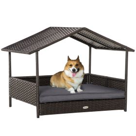 Elevated Wicker Dog Bed with Canopy - PE Rattan Outdoor Pet House with Cushion, Holds 110 Lbs, Gray