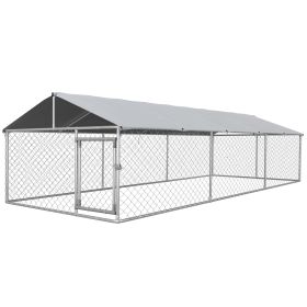 Large Outdoor Dog Kennel 19.7 x 7.5 x 4.9 Ft - Walk-In Run with Waterproof UV-Resistant Roof, Galvanized Steel, Silver