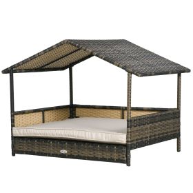 PawHut Wicker Dog House with Canopy Khaki