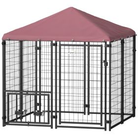 PawHut Welded Wire Outdoor Dog Kennel 4.6' x 5' with Rotating Bowls & Cover