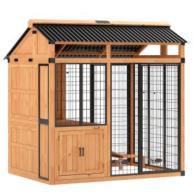 Extra Large Wood Dog House for Large Breeds - 7 x 5 Ft Outdoor Kennel with Platform, Storage Cabinet, Feeding Station, Yellow
