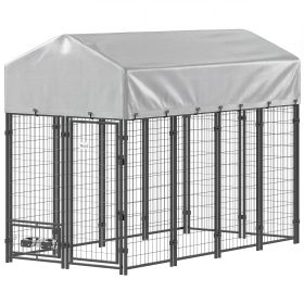 Outdoor Dog Kennel 8 x 4 x 6 Ft - Covered Run with Waterproof UV-Resistant Roof and 360 Degree Rotating Bowls