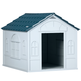 Plastic Dog House for Small and Medium Dogs - Water-Resistant Indoor Outdoor Puppy Shelter with Door, Easy Assembly, Blue