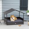 Elevated Wicker Dog Bed with Canopy - PE Rattan Outdoor Pet House with Cushion, Holds 110 Lbs, Gray