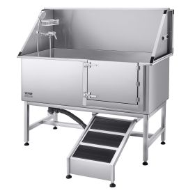 Stainless Steel Dog Washing Station, 62 inch Pet Grooming Tub w/ Ramp, PE Water Filter Board (Size/Ramp or Stairs/Door Opening Method: 62 inch/Ramp/Right)