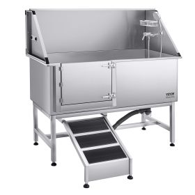 Stainless Steel Dog Washing Station, 62 inch Pet Grooming Tub w/ Ramp, PE Water Filter Board (Size/Ramp or Stairs/Door Opening Method: 62 inch/Ramp/Left)